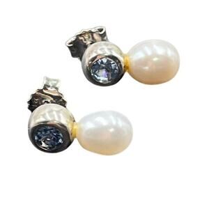 Signed‎ Designer 925 Sterling Silver Round Blue Topaz Drop Pierced Earrings